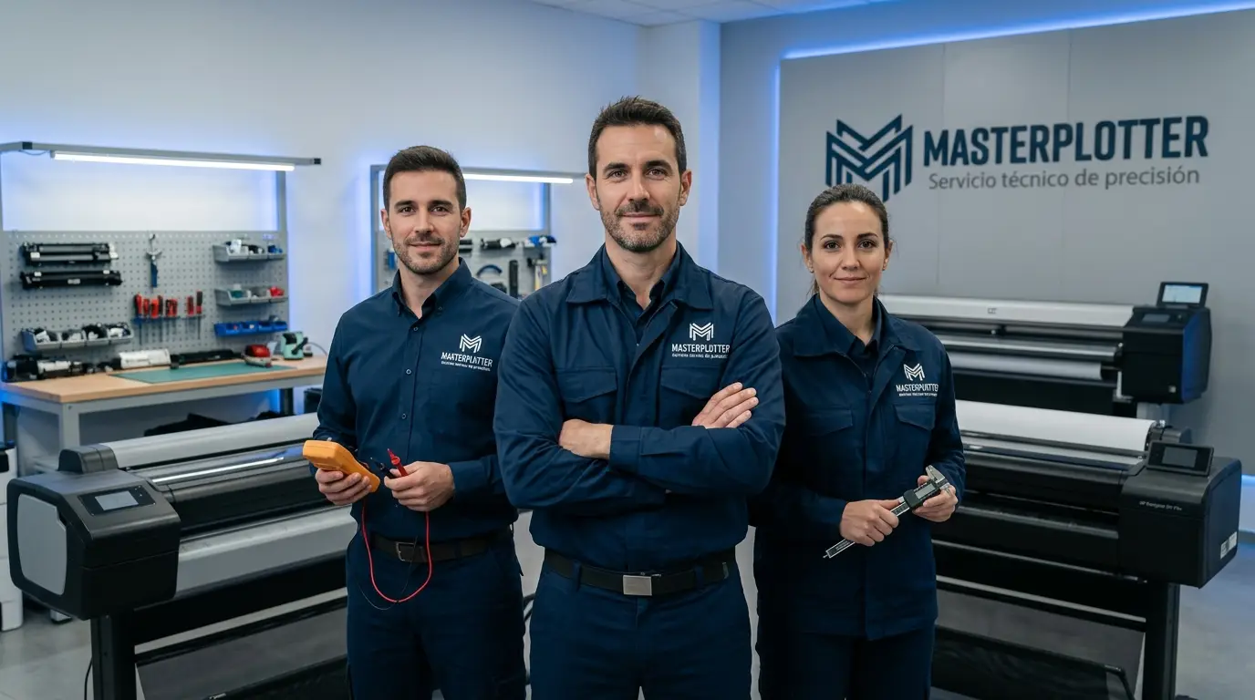 Técnicos especialistas de MASTER PLOTTER reparando impresoras