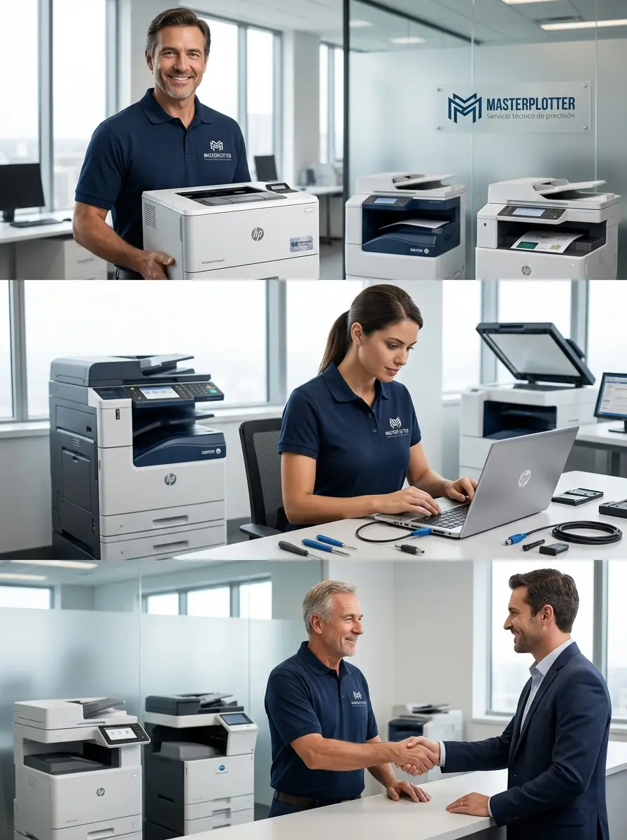 Técnico Masterplotter reparando impresora en oficina